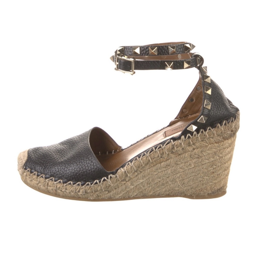 Valentino Black Leather Studded Ankle-Wrap Espadrille Wedges